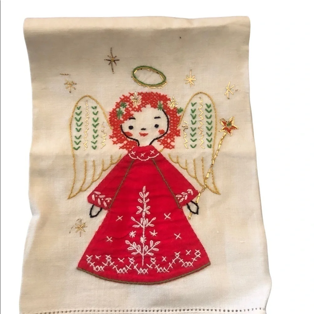 VTG Hand Embroidered Criss Stitched Angel Tea Towel Doily Framed Art 18X12